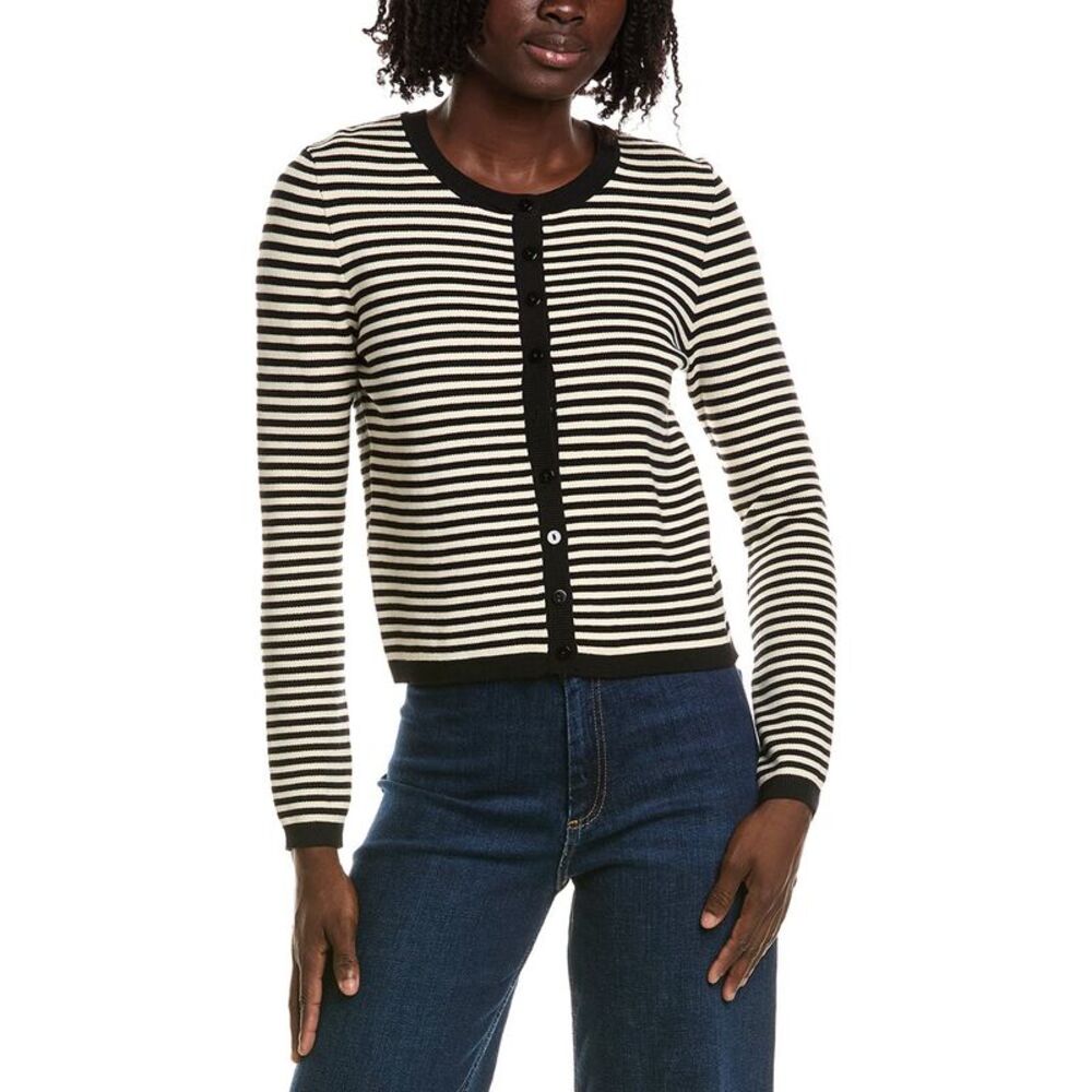 T Tahari Womens  Crewneck Striped Cropped Cardigan, Black